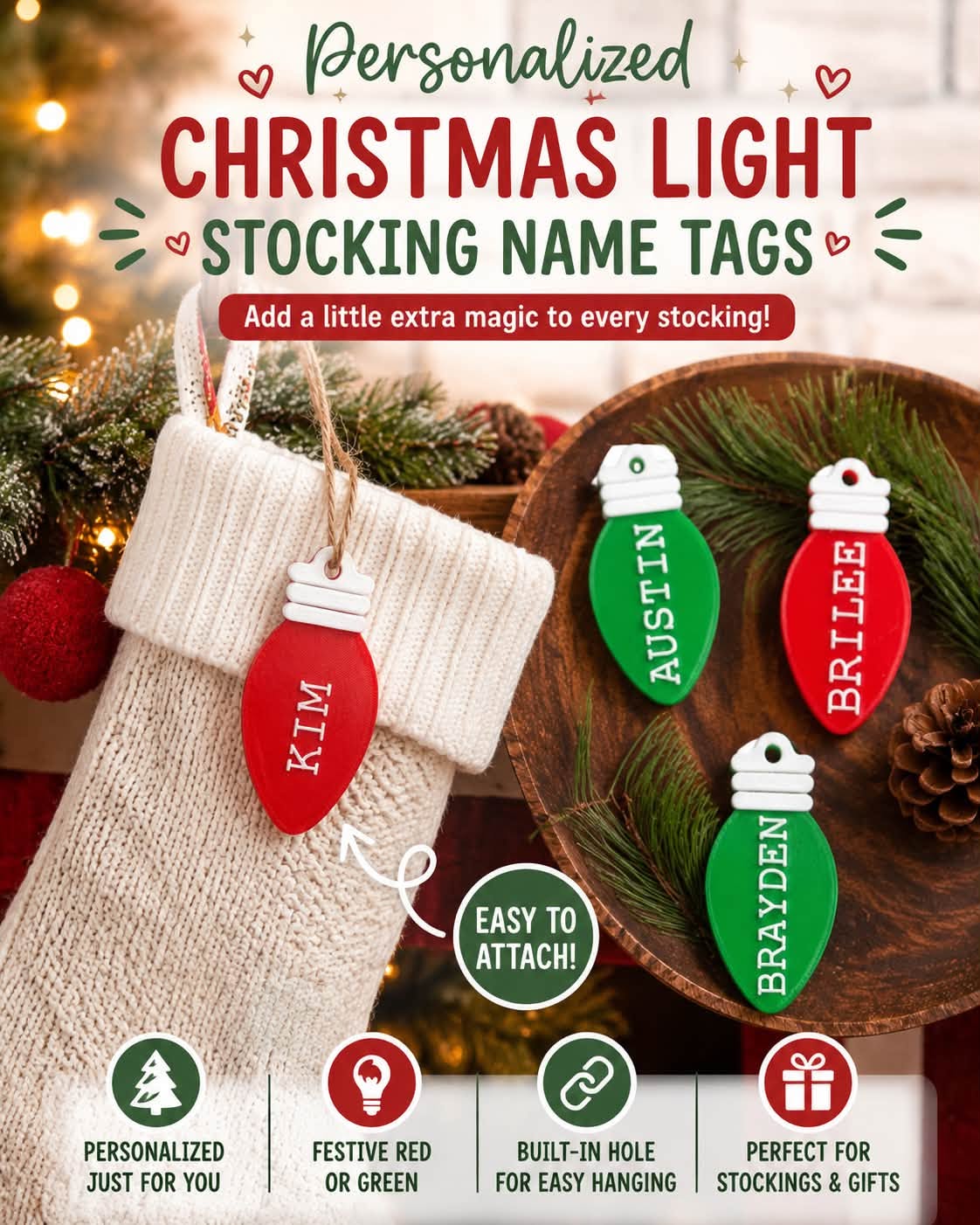 Christmas Light Bulb Stocking Name Tag Personalized